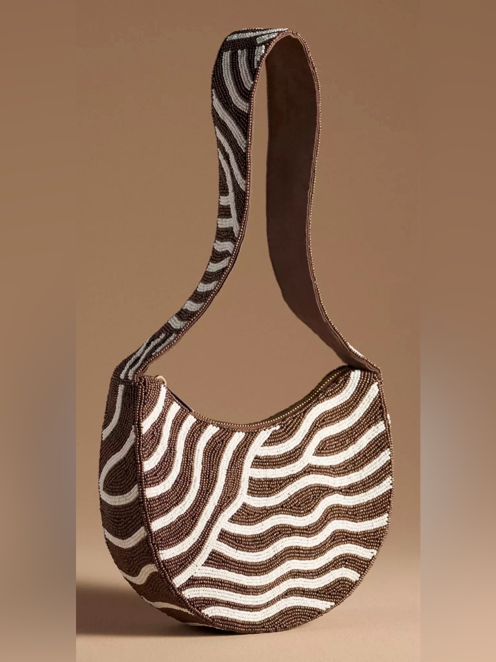Anthropologie Crescent Beaded Shoulder Bag Glass Beads Brown Purse